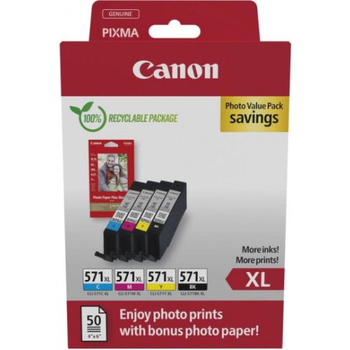 Canon CL-571XL Bk/C/M/Y (4x11ml) Tintapatron + 50 lap PP201 10x15 fényes fotópapír  Multipack