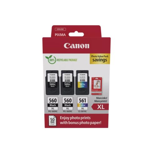 Canon PG-560XLx2 (2x14,3 ml) + CL-561XL (1x12,2 ml) + 50 lap GP501 10x15 fényes fotópapír Multipack