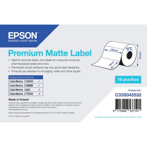 Epson prémium matt inkjet 102mm x 76mm 440 címke/tekercs
