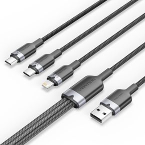   Vention USB-A 2.0/M -> USB-C/Lightning/Micro USB-B, 1,5m,(fekete,3A,3in1), kábel