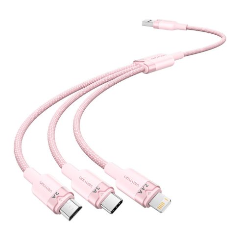 Vention USB-A 2.0/M -> USB-C/Lightning/Micro USB-B, 1,5m,(pink,3A,3in1), kábel