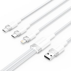   Vention USB-A 2.0/M -> USB-C/Lightning/Micro USB-B, 1,5m,(fehér,3A,3in1), kábel