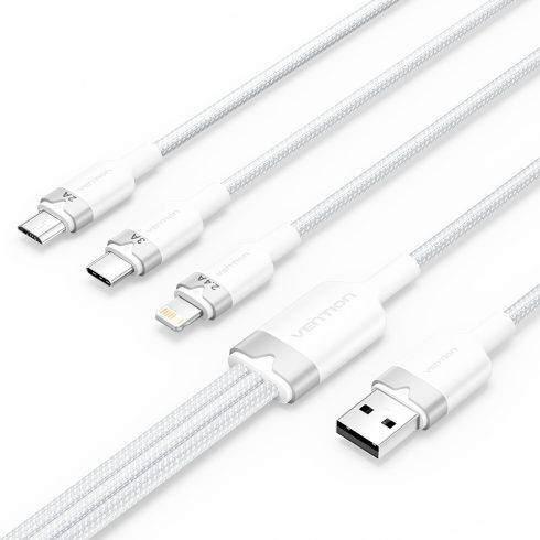 Vention USB-A 2.0/M -> USB-C/Lightning/Micro USB-B, 1,5m,(fehér,3A,3in1), kábel